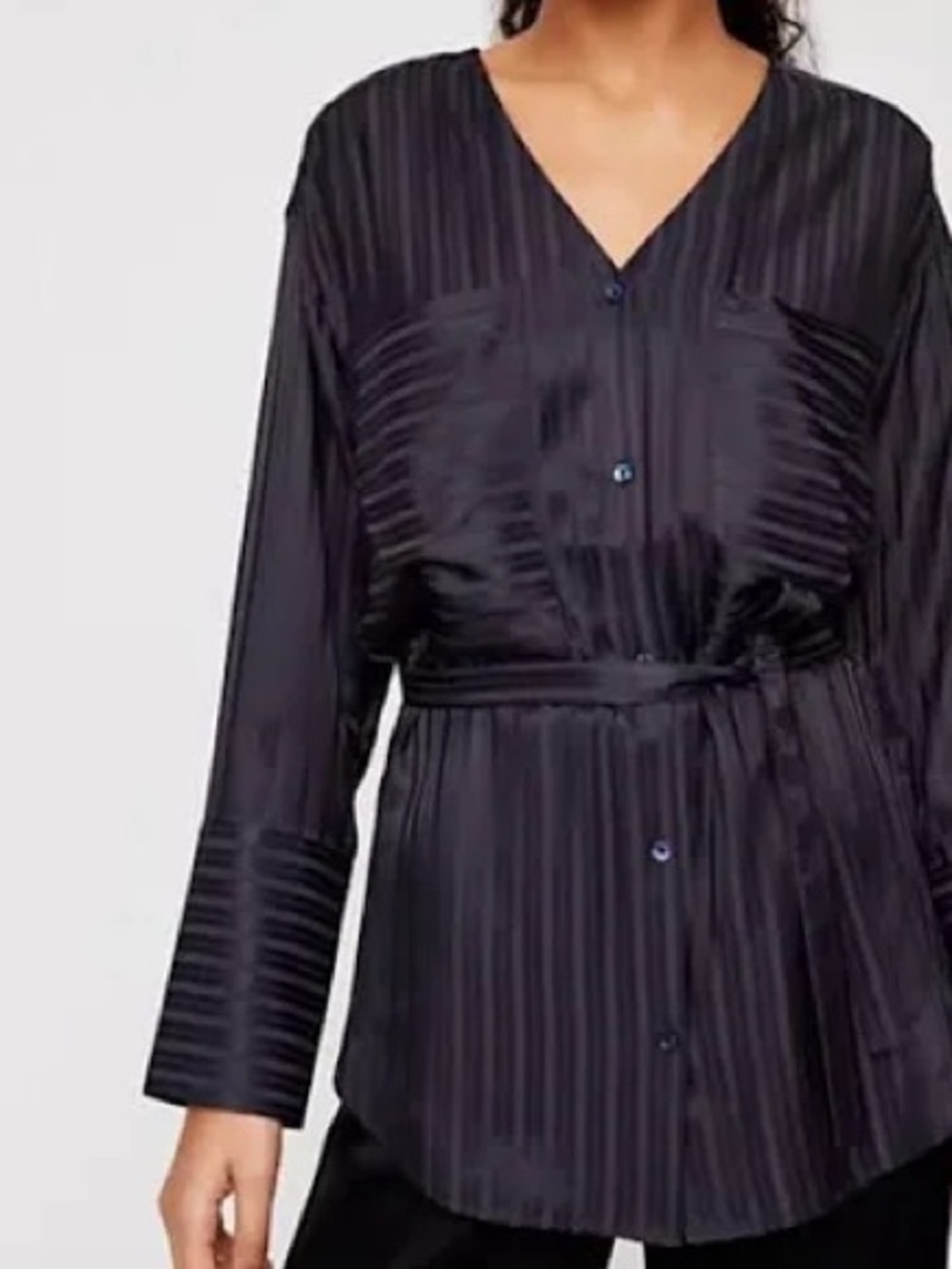 Wilfred Aritzia Zelie Silk Blend Shirt Black Striped Wrap Belted Blouse XXS